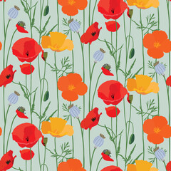 Seamless pattern background with colorful red, orange, yellow poppies