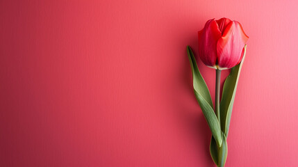 A single tulip placed against a plain, elegant background, Valentine's Day, Flat lay, top view, aesthetic background, with copy space - obrazy, fototapety, plakaty