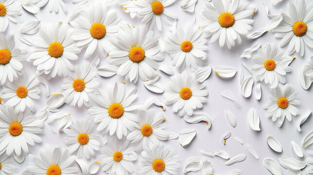 Scattered daisy petals on a simple, monochrome background, Valentine's Day, Flat lay, top view, aesthetic background, with copy space