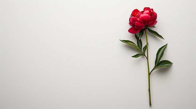 A single stem of a peony against a clean, white surface, exuding simplicity and elegance, Valentine's Day, Flat lay, top view, aesthetic background, with copy space