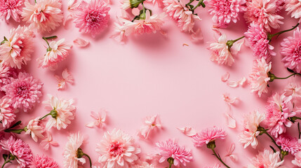 A delicate arrangement of pink asters on the borders with a pale pink center, Valentine's Day, Flat lay, top view, with copy space