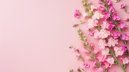 Softly colored snapdragons at the edges of a muted pink background, Valentine's Day, Flat lay, top view, with copy space