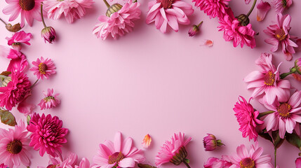 A frame of small pink daisies on a gradient pink background, Valentine's Day, Flat lay, top view, with copy space