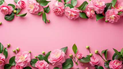 A border of delicate pink camellias on a matching pink background, Valentine's Day, Flat lay, top view, with copy space