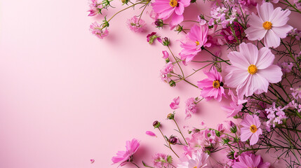 Fototapeta na wymiar Delicate pink cosmos flowers at the corners of a rose-colored background, Valentine's Day, Flat lay, top view, with copy space