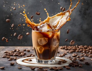 Iced coffee explosion of ice and coffee beans