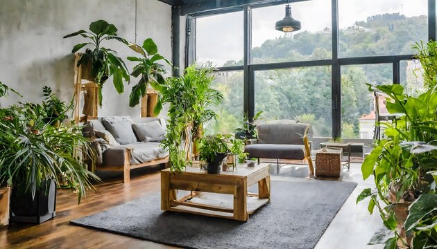 interior design modern loft apartment with lots of plants