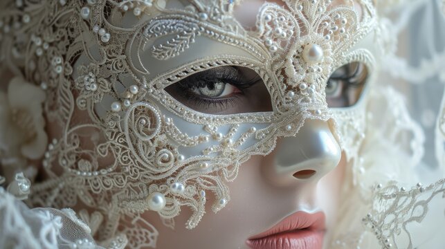 Delicate pearl and lace masquerade mask, offering a sense of grace and refinement generative ai