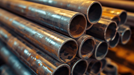 Closeup shot of metal pipes for production
