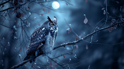 A great horned owl perched on a branch under the moonlight. World wildlife day concept - obrazy, fototapety, plakaty