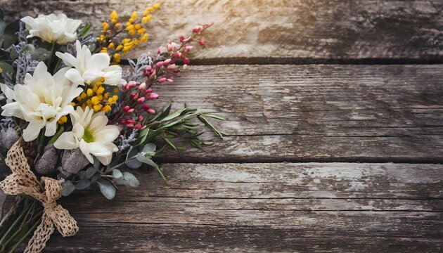 Winter flowers on wooden background with copy space