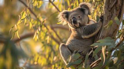 A koala nestled in the eucalyptus trees during the soft light of dusk. World wildlife day concept