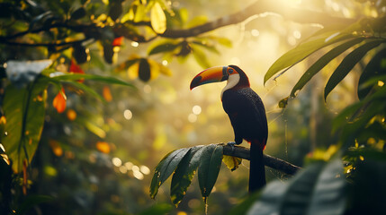A toucan perched in the lush rainforest canopy during the early morning. World wildlife day concept