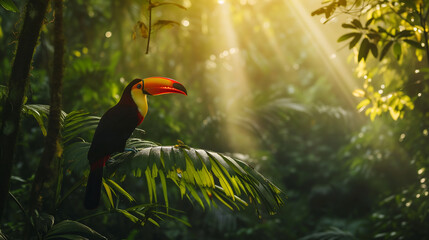 A toucan perched in the lush rainforest canopy during the early morning. World wildlife day concept