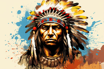 Native american indian chief with headdress on grunge background