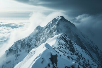 Snowy Mountain Peak Amidst Clouds. Alpine Serenity.