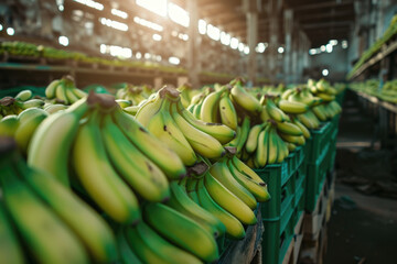 Ready-to ship bananas stored in a cold warehouse. Photo footage for advertising banana products. Smoothie, puree, vinegar production in a tropical fruit factory.