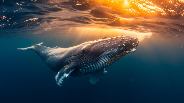 Humpback whale breaching the surface during the evening. World wildlife day concept