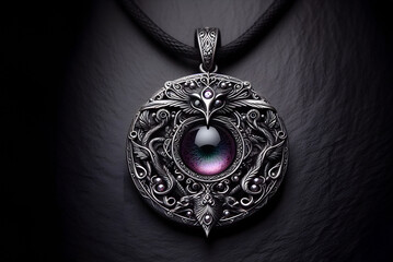 Gothic silver mystic Scandinavian necklace on black background - obrazy, fototapety, plakaty