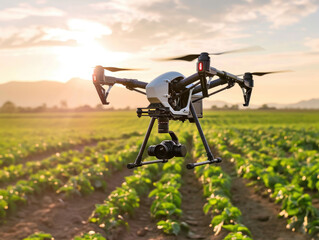 A modern drone flying above an agriculture field