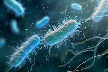 An illustration of bacteria with flagella for movement - obrazy, fototapety, plakaty