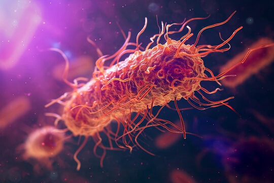 An illustration of bacteria with flagella for movement