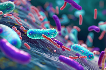 An illustration of stylized beneficial bacteria in the human gut - obrazy, fototapety, plakaty
