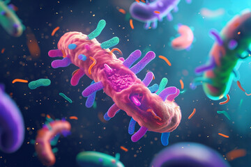 An illustration of stylized beneficial bacteria in the human gut - obrazy, fototapety, plakaty
