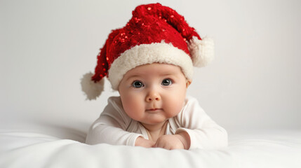 Portrait of a baby with a christmas hat on white studio background