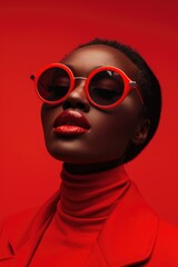 Monochrome Elegance: Chic Woman Against Red Background, Red Outfit and Accessories, Stylish Sunglasses, Confident Pose, Bold Monochrome Effect © Ivy