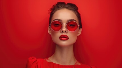 Monochrome Elegance: Chic Woman Against Red Background, Red Outfit and Accessories, Stylish Sunglasses, Confident Pose, Bold Monochrome Effect