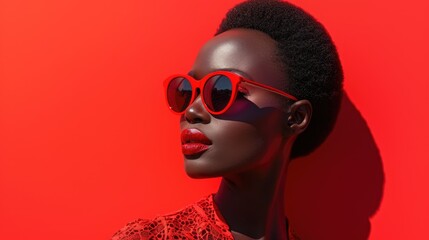 Monochrome Elegance: Chic Woman Against Red Background, Red Outfit and Accessories, Stylish Sunglasses, Confident Pose, Bold Monochrome Effect