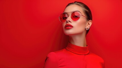 Monochrome Elegance: Chic Woman Against Red Background, Red Outfit and Accessories, Stylish Sunglasses, Confident Pose, Bold Monochrome Effect