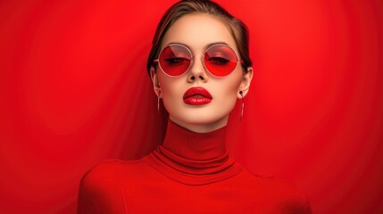 Monochrome Elegance: Chic Woman Against Red Background, Red Outfit and Accessories, Stylish Sunglasses, Confident Pose, Bold Monochrome Effect