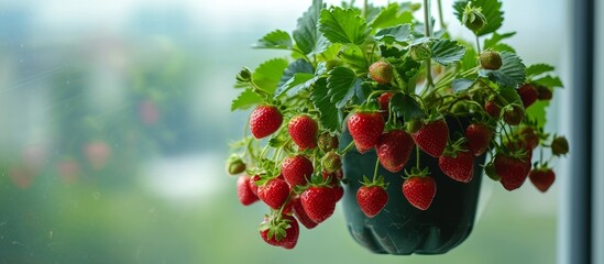 Strawberry plant with ripe fruits in a hanging plastic pot by an apartment window. - Powered by Adobe