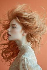 Woman with Dynamic, Wind-Blown Hairstyle in Blonde and Light Copper Tones, Soft Lighting Highlighting Her Profile, Lace Garment, and Gradient Peach Background