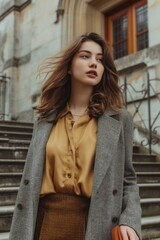 Urban Autumn Elegance: Woman in Golden Beige Blouse, High-Waisted Woolen Skirt, Textured Grey Coat, Old Stone Building Setting, Soft Light