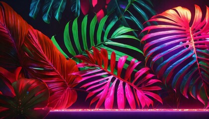 Neon tropical monstera leaf  banner - obrazy, fototapety, plakaty