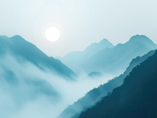 Fototapeta premium Image of an azure sunrise illuminating the misty mountains. The soft gradients and ethereal atmosphere can inspire breathtaking digital art pieces.