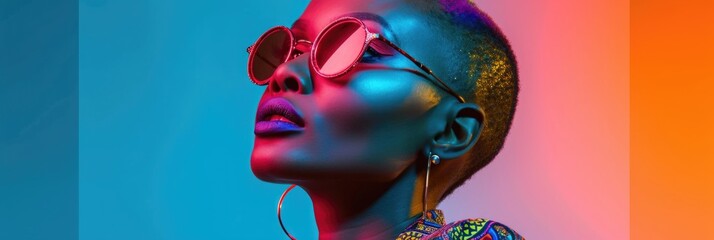 Vibrant Bohemian Chic: Dramatic Portrait of Woman with Rainbow Punk Hairstyle, Reflective Sunglasses, Bohemian Jacket, Warm to Cool Toned Gradient Background