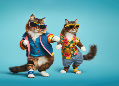 funky dancing cats with sunglasses , getting that joyous party started, isolated on blue summer backdrop