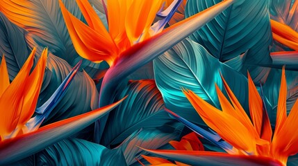 Exotic bird of paradise flowers in a dynamic mix of orange and blue hues generative ai