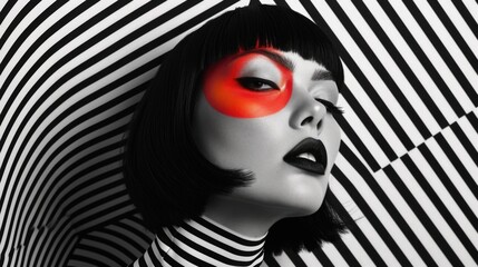 Artistic High-Contrast: Woman with Bold Geometric Makeup, Black and White Striped Garment, Stark Chiaroscuro Lighting, Against Sharp Black and White Lines Background