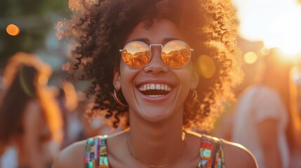 Sun-Drenched Outdoor Festival Joy: Laughing Woman with Wild Curly Hair, Retro Sunglasses, Bohemian Outfit, Golden Sunlight Halo, Blurred Background of Festival Activities