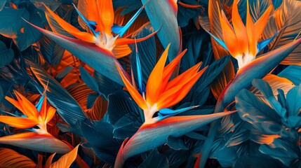 Exotic bird of paradise flowers in a dynamic mix of orange and blue hues generative ai