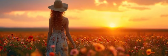 Fotobehang Serene Sunset Scene: Woman in Floral Dress in Field of Flowers, Wide-Brimmed Hat, Long Curly Hair, Golden Light, Relaxed Pose, Peaceful Expression Facing Sun © Ivy
