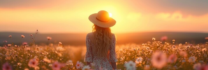 Serene Sunset Scene: Woman in Floral Dress in Field of Flowers, Wide-Brimmed Hat, Long Curly Hair, Golden Light, Relaxed Pose, Peaceful Expression Facing Sun