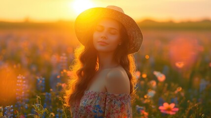 Serene Sunset Scene: Woman in Floral Dress in Field of Flowers, Wide-Brimmed Hat, Long Curly Hair, Golden Light, Relaxed Pose, Peaceful Expression Facing Sun