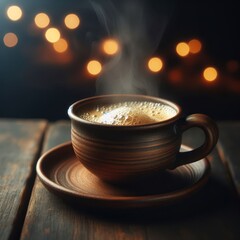 Steaming Coffee in Rustic Ceramic Mug on Wooden Table