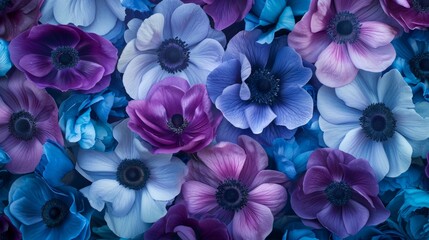 Exotic tropical anemone flowers with a vibrant mix of blues and purples generative ai - obrazy, fototapety, plakaty